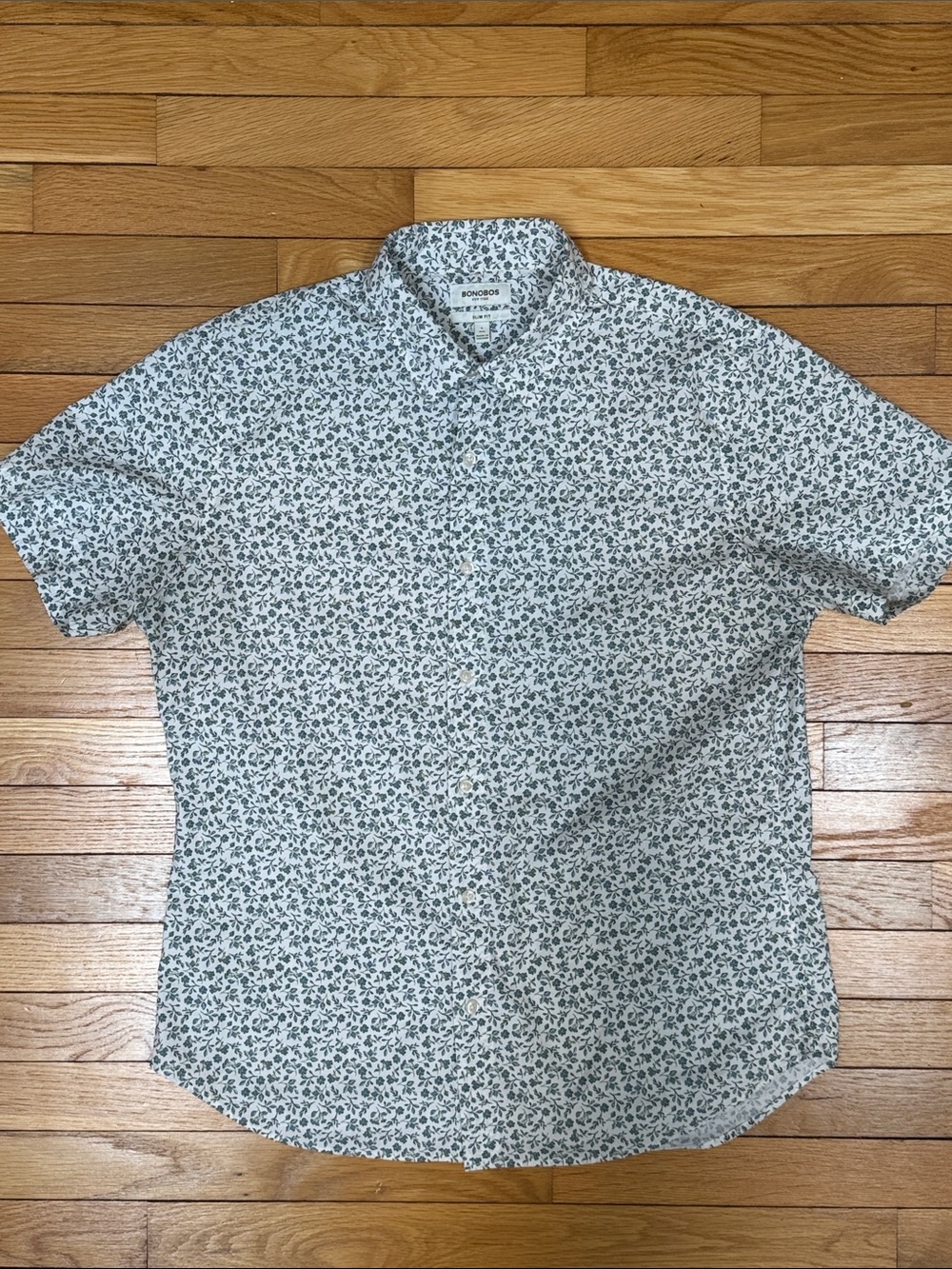 Bonobos White (Slim Fit) Short-Sleeve Button-Down with Green Micro Floral Print